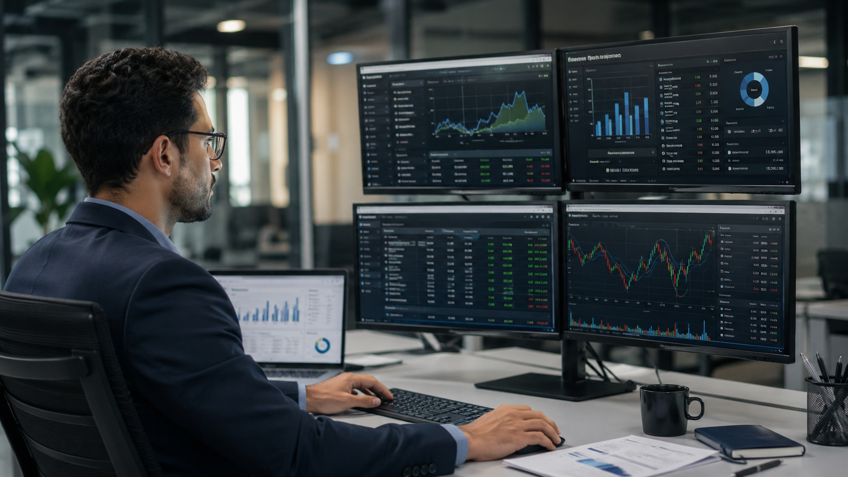 Analista revisando tableros y graficas de datos en multiples pantallas