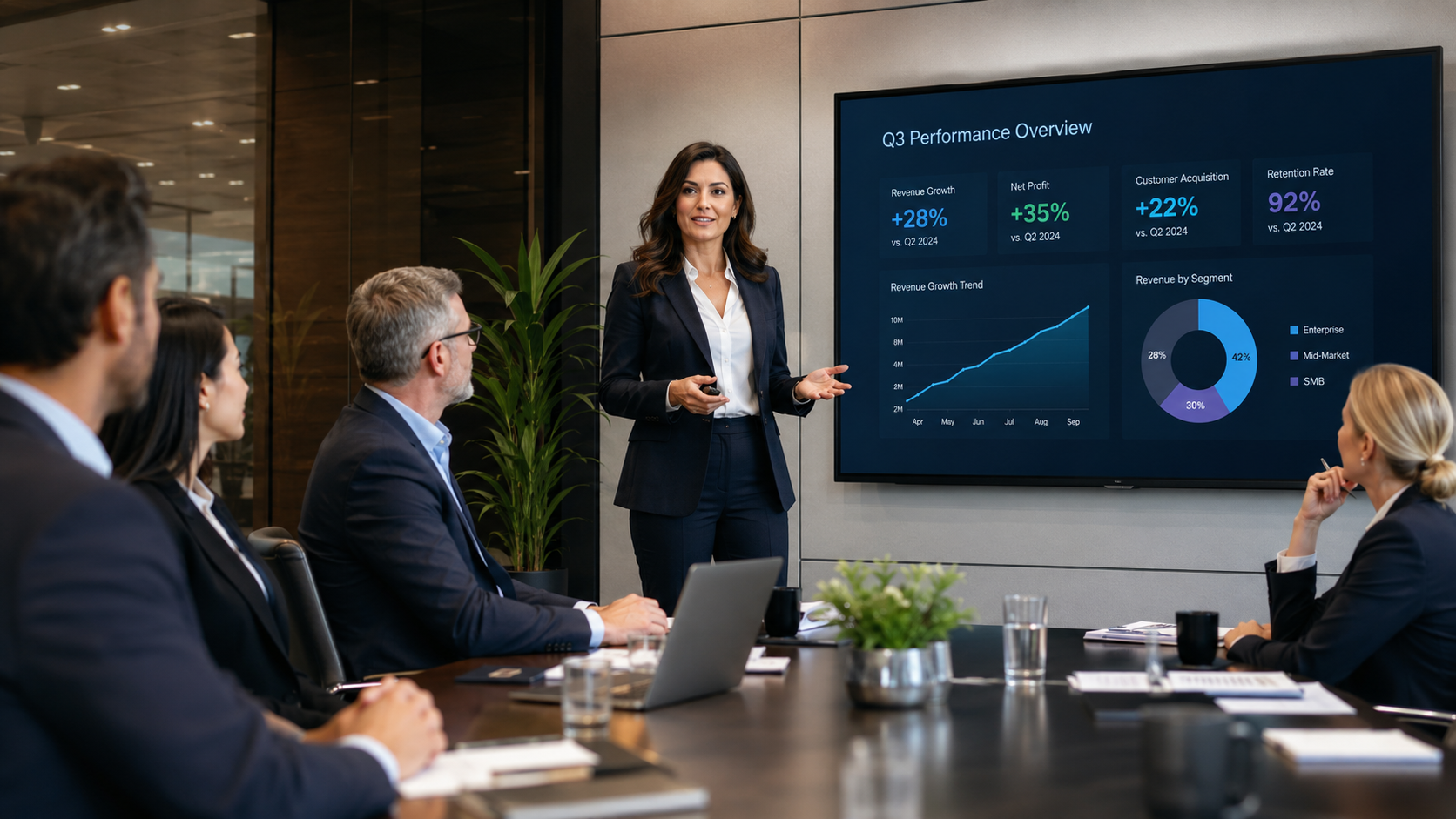 Presentacion corporativa con metricas y resultados en pantalla