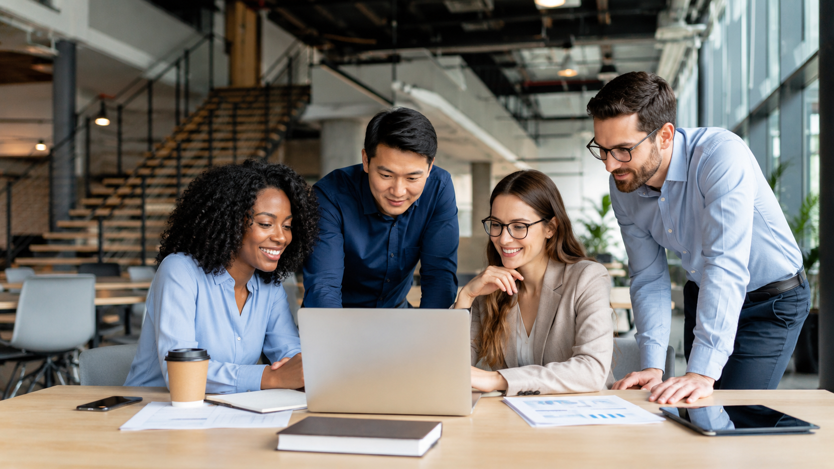 Equipo colaborando alrededor de un portatil en oficina
